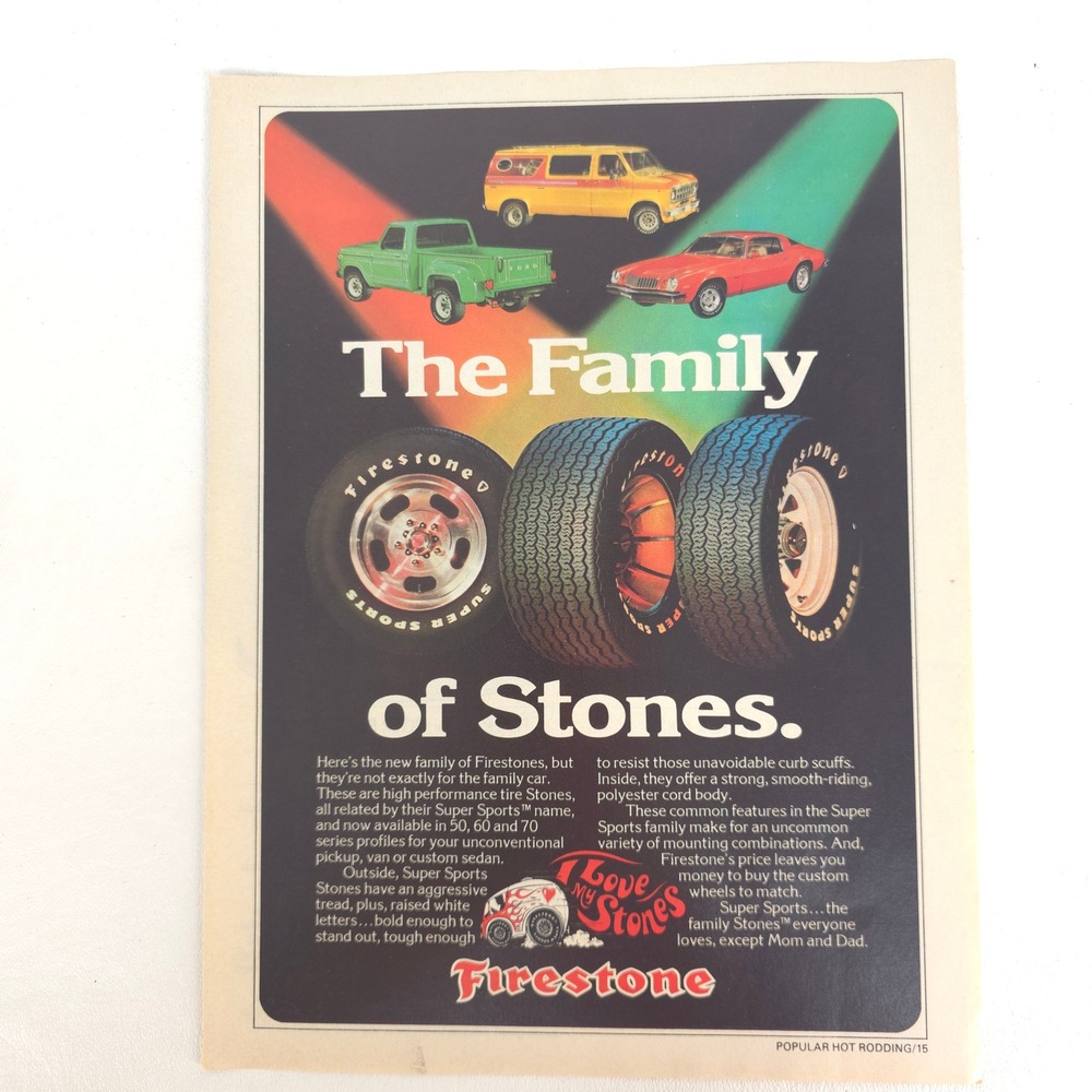 Firestone Super Sports Tire Print Ad Family of Stones Camaro Truck Vintage 1977